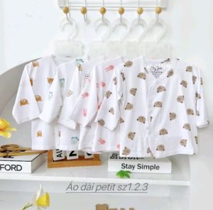 Áo Sơ Sinh Dài Tay Cài Chéo Chất Thun Lạnh Mềm Mát Màu Trắng Họa Tiết Dễ Thương Cho Bé Trai Bé Gái Từ sơ sinh đến 8kg
