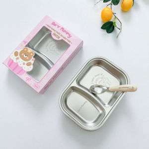 Khay đựng thức ăn 2 ngăn inox 304 kèm thìa cho bé Bear Mommy