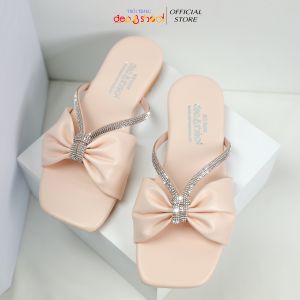 Dép lê nữ quai ngang phối nơ Dép nữ xỏ ngón mũi vuông quai dây đính đá big size Depvashock