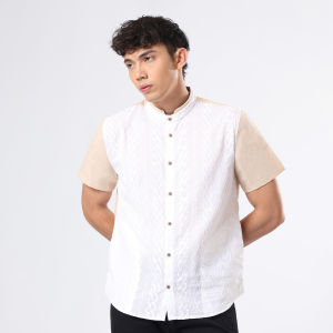 EDWIN JEANS - KOKO GANDALF WHITE BEIGE Kemeja Lengan Pendek Baju Muslim Pria Top Man Muslim Shirt