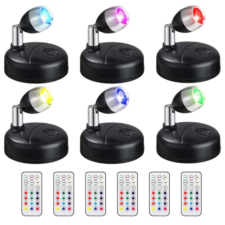 6 Pcs RGB LED Spotlight with Remote, Battery Operated Accent Lights for