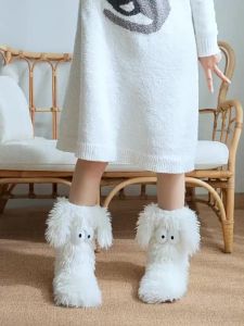 Cartoon Dog Womens Lamb Fleece Plush Slipper Socks Cute Big Eye Design Warm Indoor Socks for Winter