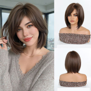 LOUIS FERRE Tóc giả Bob màu nâu có mái bằng cho phụ nữ Tóc giả tổng hợp ngắn chịu nhiệt Tự nhiên nhìn hàng ngày Sử dụng cho bữa tiệc cosplay2026