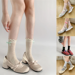 Nữ Phụ Nữ thẩm mỹ ngọt Bowknot giọng tất ống dài trung bình hollowout họa tiết trái tim Áo Xếp Nếp tất kiểu vận động viên Hàng dệt kim