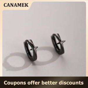 【 CANAMEK 】 Four-pointed Star Cross Small Hoop Earrings For Men Women Hip Hop Retro Black Silver-color Street Gothic Ear Jewelry