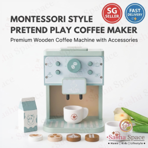 Wooden Coffee Machine Toy | 9-Piece Montessori Style Pretend Play Kitchen Set for Toddlers & Kids