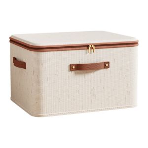 KAWAII BOX Large Capacity Linen Zipper Storage Boxes Handheld Foldable Clothing Storage Basket Space Saving with Lid Wardrobe Organiser Bedroom