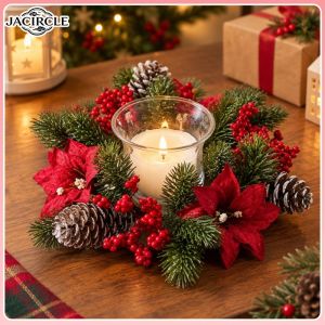 JACIRCLE Christmas Candle Wreath Holder Red Berry Pine Cone Table Centerpiece Holiday Party Home Decor