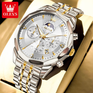 OLEVS Watch Men Original Waterproof Brand Stainless Steel Strap Business Fashion Luminous Calendar Chronograph Mens Watch