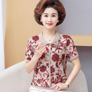 Middle age Mother Chiffon Shirt Floral Print Women Short Sleeve Lapel T-shirts Oversized Ice Silk Loose Lady Chiffon Blouse