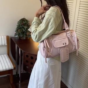 Y2K Retro Sweet Cool Biker Style Bag PU Soft Leather Rivet Shoulder Bag 2-Way Hand & Crossbody Daily Casual Womens Bag # 7569