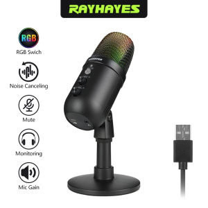 RAYHAYES USB Gaming Microphone with RGB Lighting Noise Canceling Tap-to-Mute for Live Streaming