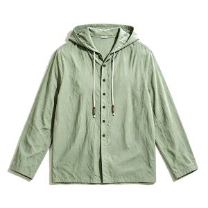 2026 New Men Linen Hooded Long Sleeve Shirt Drawstring Hood Casual Beach Vacation Travel Daily Walking Button Down Blouse2026