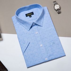 Áo Sơ Mi Nam Công Sở Trung Niên Thương Hiệu Anton Ngắn Tay Vải Cotton Xanh Dương Họa Tiết In XGD561