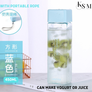 READY STOCK STUDENTS CHILDREN CUTE MODERN SQUARE TRANSPARENT WATER BOTTLES 460ML WITH ROPE