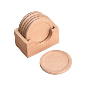 ALENEE 6pcs/set Japanese Style Wood Coaster Round Non-slip Insulated Placemat Household with Storage Box Teacup Mat Gift