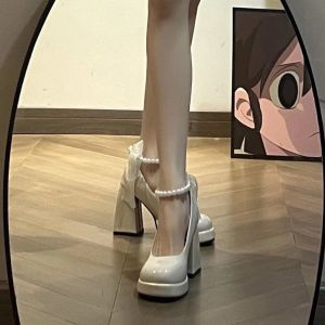 [Free Shipping] WomenS Spring New Collection: Pearl-Embellished Bow-Adorned Chunky-Heeled Sandals And Small Leather Shoes