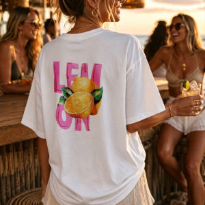 [Local Stock] HBESTY  Pink Text Lemon Graphic Oversized Crew Neck T-Shirt White Relaxed Fit Lemons Leaves