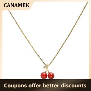 【 CANAMEK 】 European And American Fashion Red Cherry Pendant Necklace Light Luxury Personalized Women Clavicle Chain Jewelry Gift