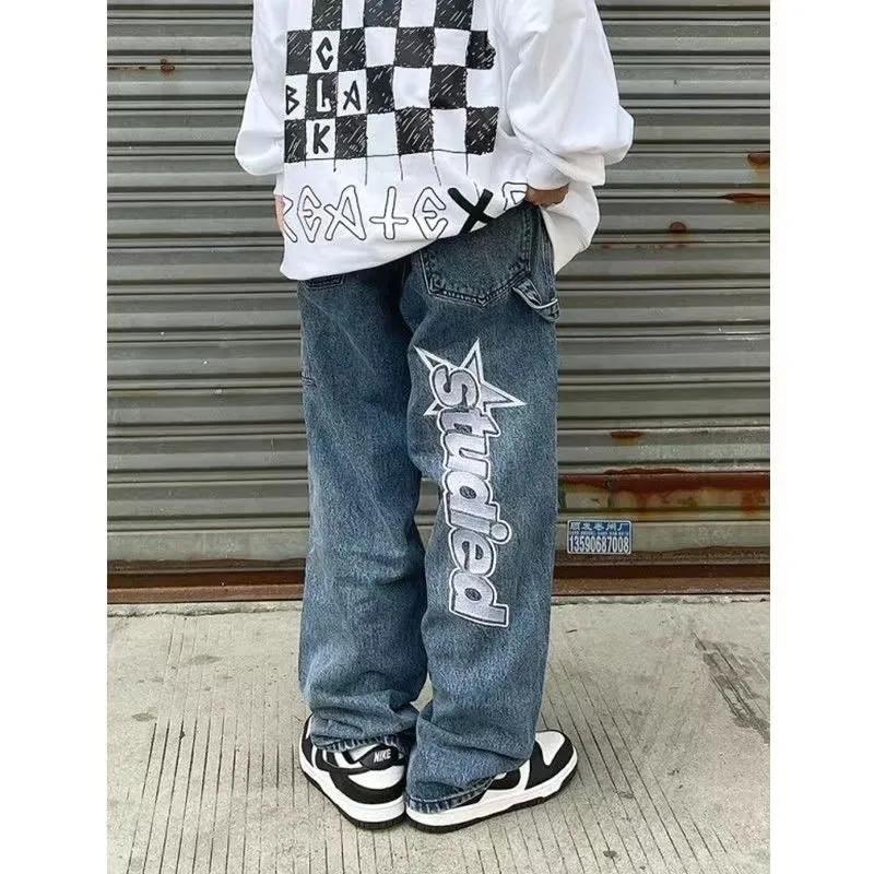 Y2K Mens Badfriend Jeans With Hip Hop Letter Print Black Casual