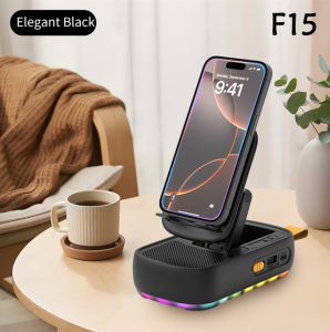F15 Wireless Speaker With 360 Degree Rotating Phone Stand Stereo Sound Anti-Slip Base RGB Flash Design