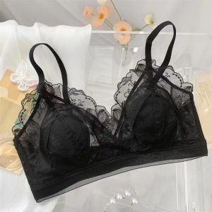 SMVU Seamless Womens Push Up Bra Adjustable Solid Color Flower Lace Bralette Spicy Brassiere Top Wireless Deep V Bras Girls