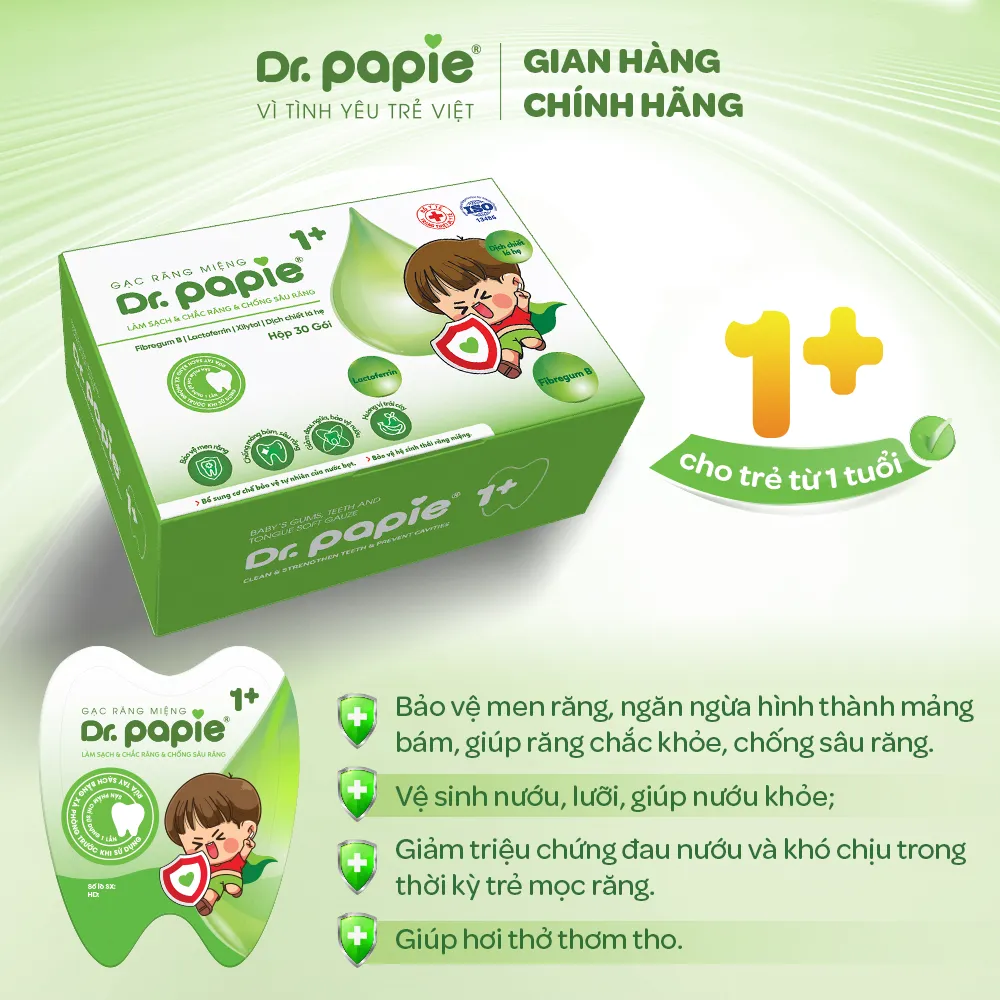 [Chính hãng] Gạc Rơ Lưỡi Dr.Papie 1+ Tiêu Chuẩn 5SAO, Làm Sạch Răng, Lưỡi, Nướu, Phòng Chống Sâu Răng Cho Bé - 30Gói/Hộp:5897