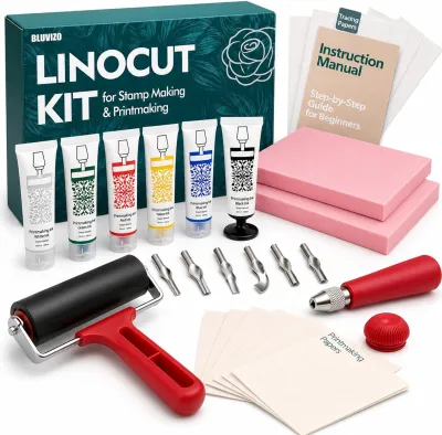 Linocut Kit for Printmaking & Stamp Making: Linocut Tools Block Printing Kit Supplies with Linoleum Blocks Ink Brayer Guide for Beginners - DIY Hobby & Christmas Birthday Gift for Adults & Kids