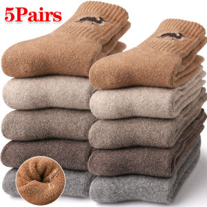 5 Pairs Thicken Camel Print Crew Socks Mens Winter Casual Heavy Knit Mid-Calf Sock Fleece Lined Comfort for Outdoor/Indoor