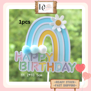 Ins Colourful Rainbow Happy Birthday Cake Topper Rainbow Cake Decoration Kek Hiasan 1st Birthday Cake 毛球彩虹蛋糕装饰 彩虹蛋糕插牌