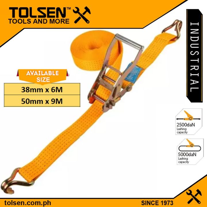 Tolsen Industrial Ratchet Tie Down (38mm x 6M | 50mm x 9M) w/ Double J ...