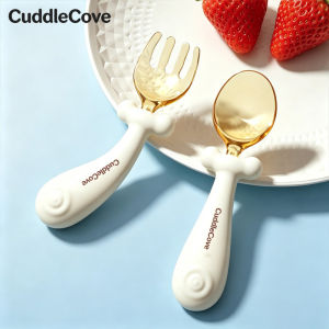 CuddleCove PPSU Baby Spoon and Fork Set Self Feeding Training Utensils Short Bendable Handle Easy Grip BPA Free for Newborn Toddler