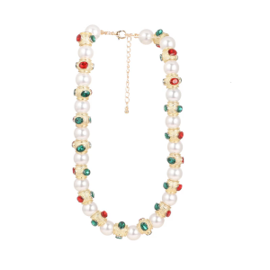Vintage Heavy Craftsmanship Glass Pearls Necklace With Red Green Gemstones Designs Zinc Alloy for Women