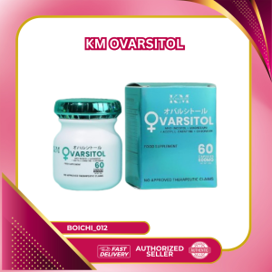 KM OVARSITOL supplement bottle and box. White bottle with green cap. Blue box with white text. 60 capsules 500mg. No approved therapeutic claims.