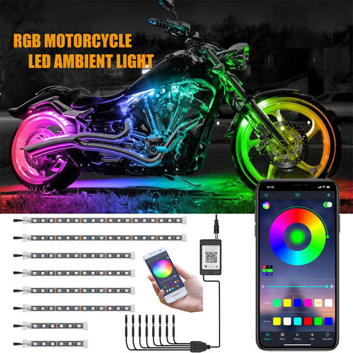 kabaxiong 8pcs Motorcycle led ambient lights Kits RGB illusion motorcycle ambient light APP Control RGB Smart Brake IP65 Waterproof LED Lights Strips for Motorcycles Music Sync for Harley Davidson