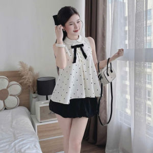 QC_Set tiểu thư đi tiệc đồ công sở áo chấm bi Lụa đính nơ cổ tròn phối chân váy bí Cotton Lạnh có lót dáng ngắn