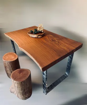 Wood Slab Dining Table c/w Metal Leg Support