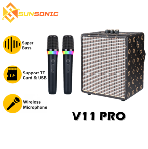 V11 Pro Stereo Surround Sound KARAOKE Wireless Bluetooth High Power Speaker with Dual RGB Wireless Microphone