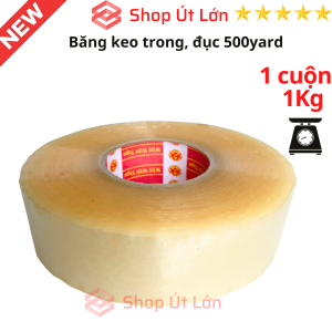 1 Cuộn băng keo trong đục 500yard nặng 1kg rộng 47cm lõi giấy 5mm. Mua từ 6 cuộn được kèm dao cắt
