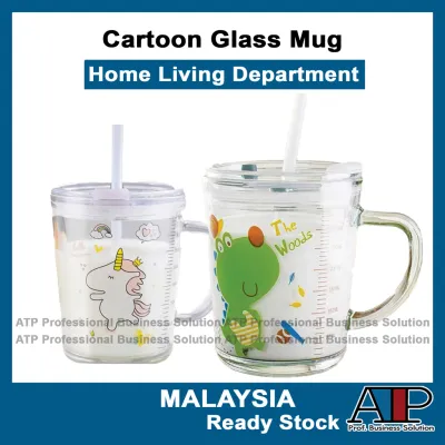 400ml Childrens Breakfast Glass Mug With Straw Scale Cartoon Animal Unicorn Glass Milk cup with Handle Birthday Gift