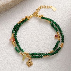 Natural Blue‑Water Jadeite Double‑Layer Bracelet Red Agate Safety Buckle Garnet Gold‑Plated S925 Silver Chinese‑Style Bracelet