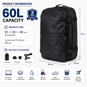 【SG Stock】60L Vacuum Compression Travel Backpack Large Capacity Carry On Bag with TSA Lock Laptop Compartment Waterproof