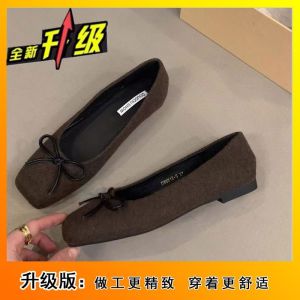 [Free Shipping] Black WomenS Shoes New Style Shallow-Toe Evening Shoes Square-Toe Retro Flat-Soled With A Bow