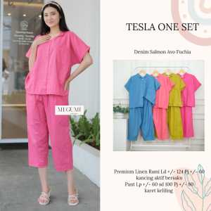 Top Blouse Setelan Midi Pants High Waist Tesla One Set Bahan Linen Rami Premium Fashion Wanita