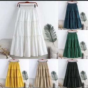 Rok Panjang Flanel Gaya Korea Pinggang Elastis Warna Camel Plus Size
