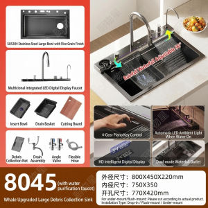 [Ready Stock] 304 Stainless Steel Waterfall Kitchen Sink Single Bowl Nano Sink with Digital Display Pull Out Faucet SetFast shipping