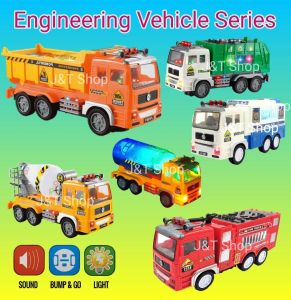 Children Toy Trucks - Fire Truck Police Truck Engineering Truck Garbage Truck Mixers & Tanker c/w Music and 4D Flash Light