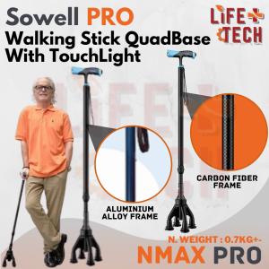SOWELL Lightweight Carbon Fiber/Alum. Shock-Absorbing Walking Stick with Touch Light for Elderly | Tongkat 4 Kaki