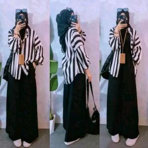 Setelan Baju Atasan Celana Panjang Namira Strip One Set Kulot Casual Crinkle Airflow Wanita Dewasa Remaja | Setelan Atasan Bawahan Celana Kulot Namira Strip One Set Wanita Lengan Tangan Panjang Motif Pinggang Karet
