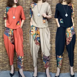 Womens Casual Suit 2026 Summer New Slim Short Sleeve T-Shirt Top Harlan Cropped Pants Plus Fashion Cotton Linen 2 Two Piece Set2026